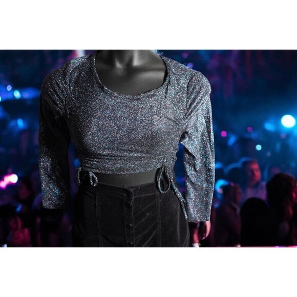 Jade Metallic Glitter Ruched Crop Top – Y2K Party Clubwear – Size L - Picture 8 of 15